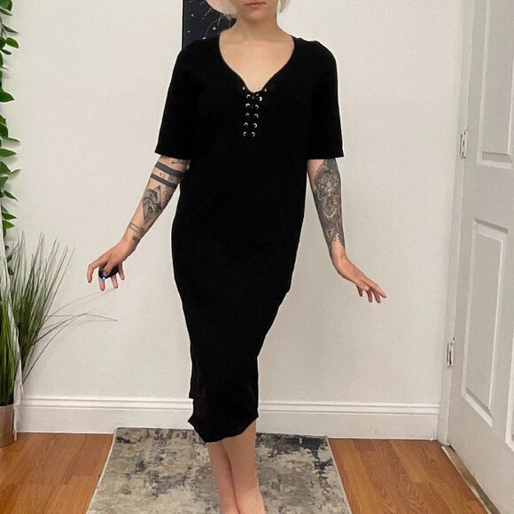 Monrow Mommy Jersey Lace-Up Midi Dress Short Sleeve Size L Black - Picture 1 of 16